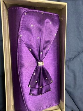 Purple Satin Rhinestone Bow Clutch with Gold Chain option